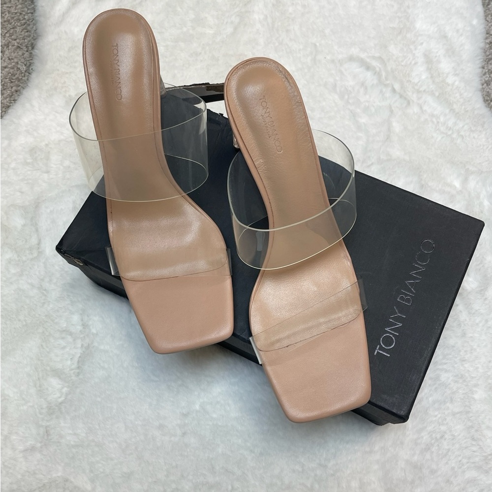 Tony Bianco Tan Slide Heels - Women's Fashion Sandals - Picture 3 of 6